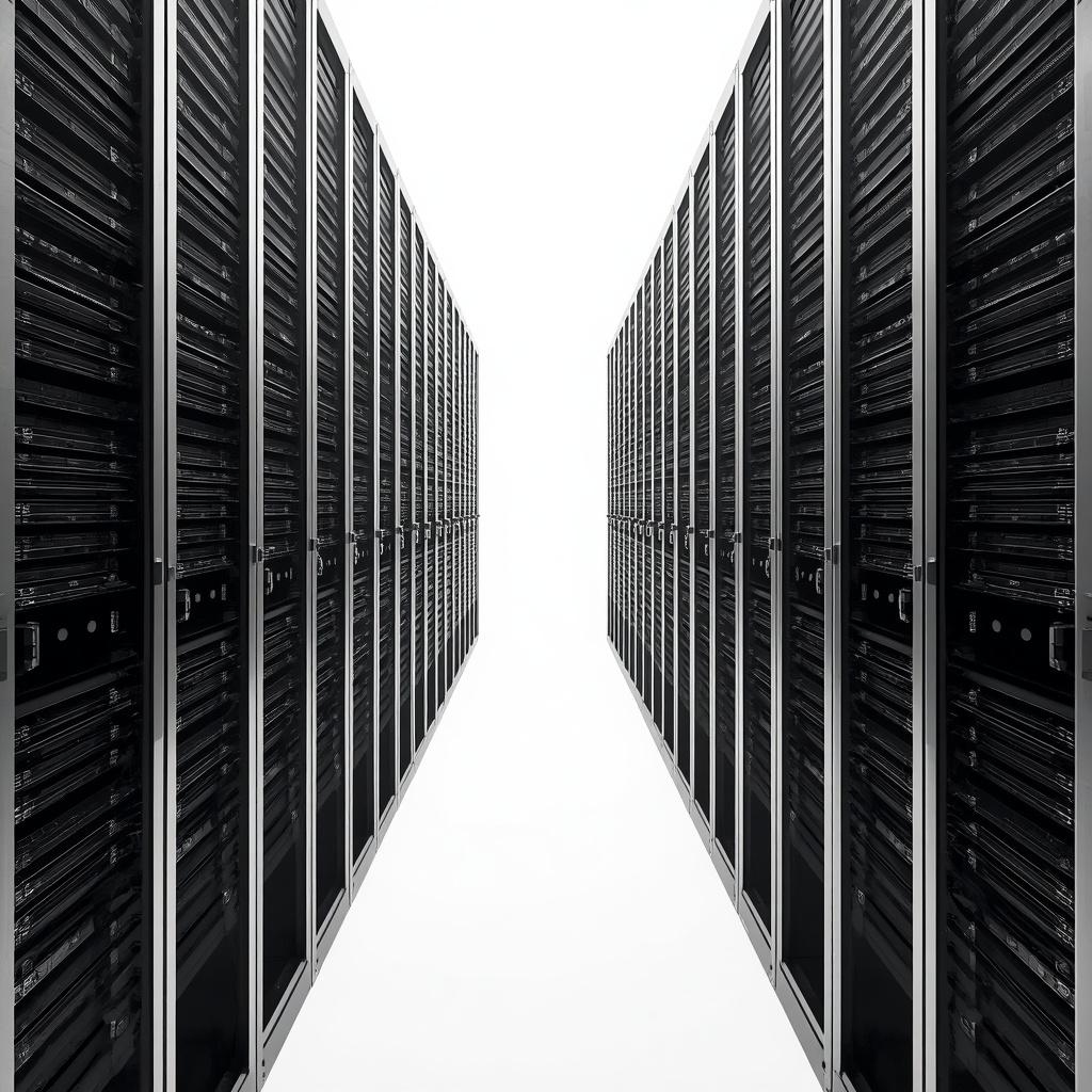 Rows of server racks receding down a narrow aisle