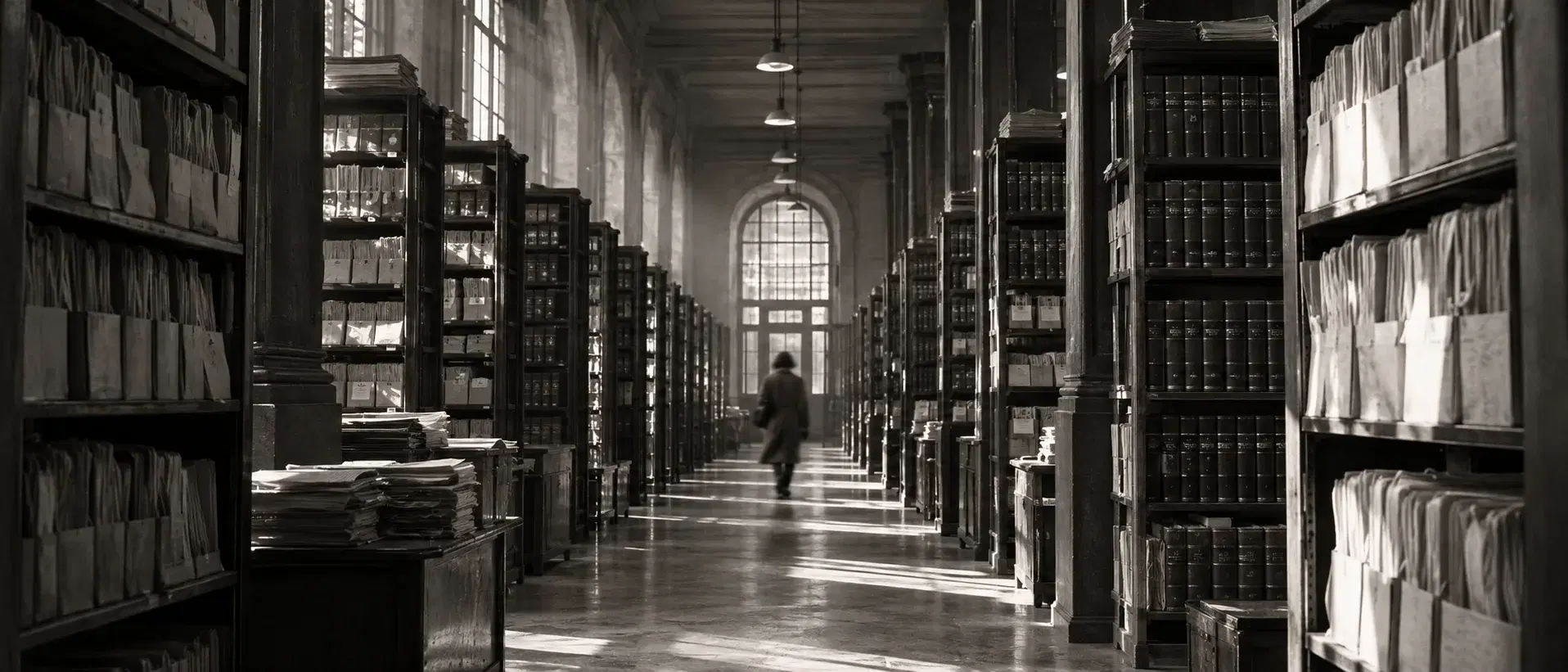 An archivist walking through shelves of paper records in a softly lit archive